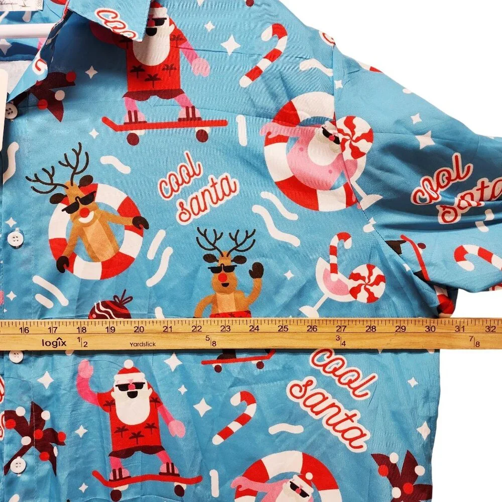 Cool Santa Blue Button-Up Men's Shirt Size 3XL By Dress For Adventure